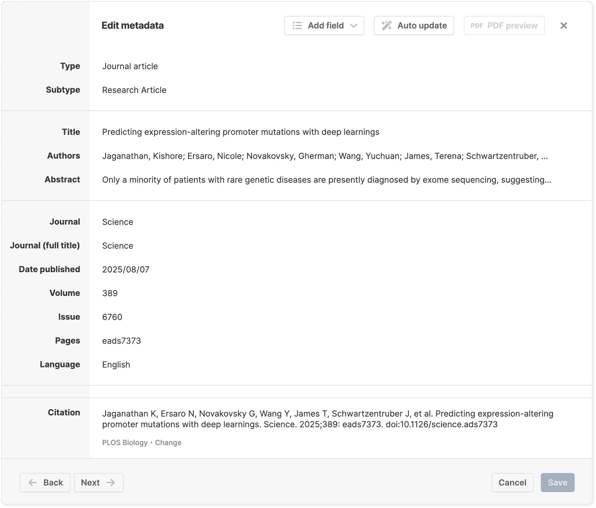 The “Edit metadata” dialog listing Type, Subtype, Title, Authors, Abstract, Journal, Date published, Volume, Issue, Pages and Language, with a formatted Citation preview and “Add field”, “Auto update” and “PDF preview” controls.
